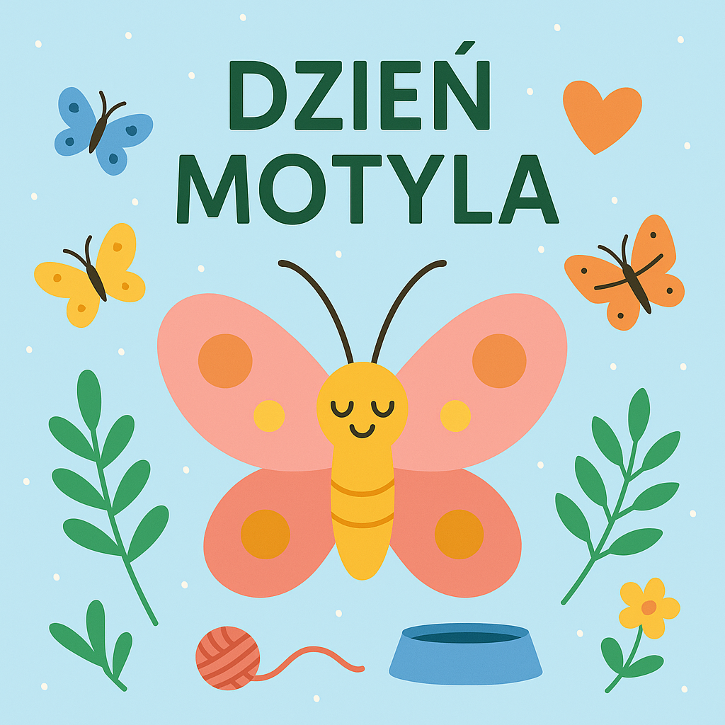 Rysunek dziecka przedstawiający Dzień Motyla z dużym, kolorowym motylem na środku oraz mniejszymi motylkami w tle, otoczonymi roślinami i kwiatami.