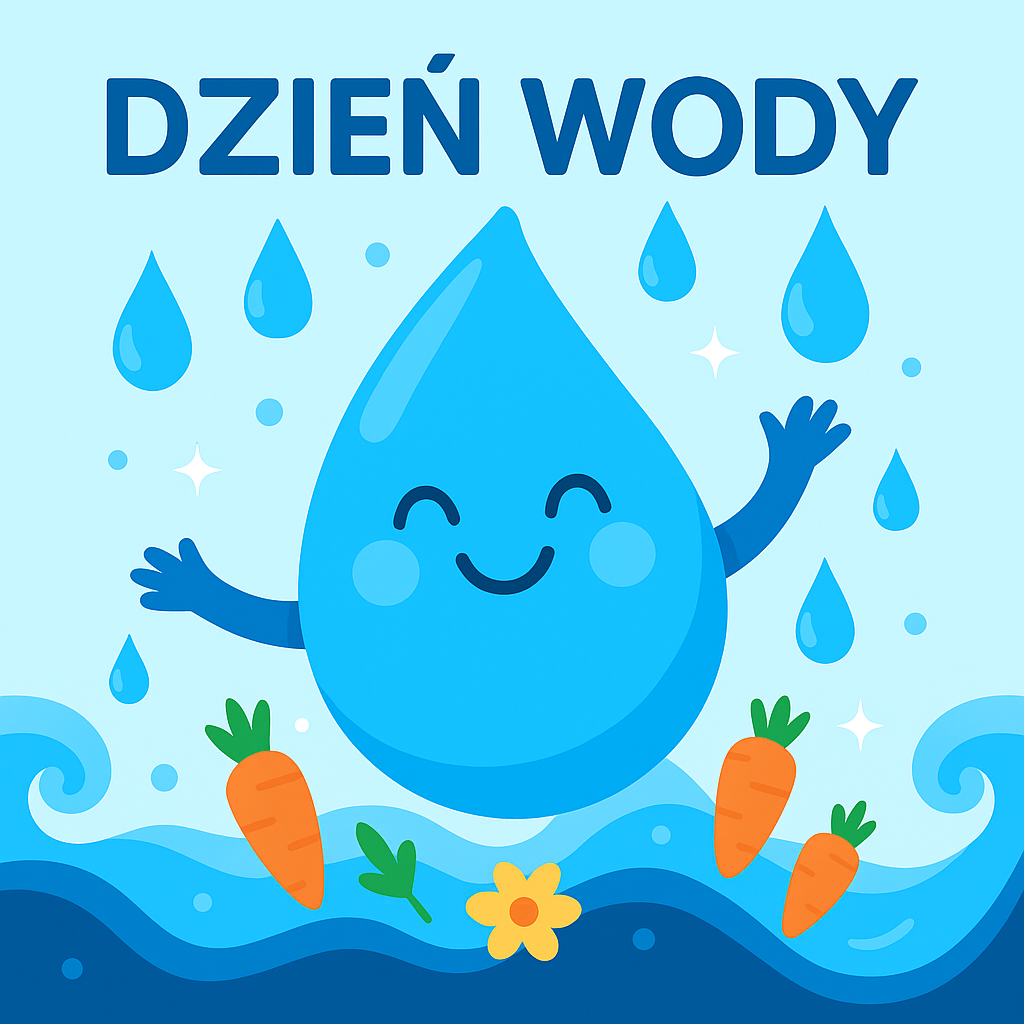 Ilustracja przedstawiająca uśmiechniętą kroplę wody z okazji Dnia Wody, otoczoną mniejszymi kroplami oraz falami wody.