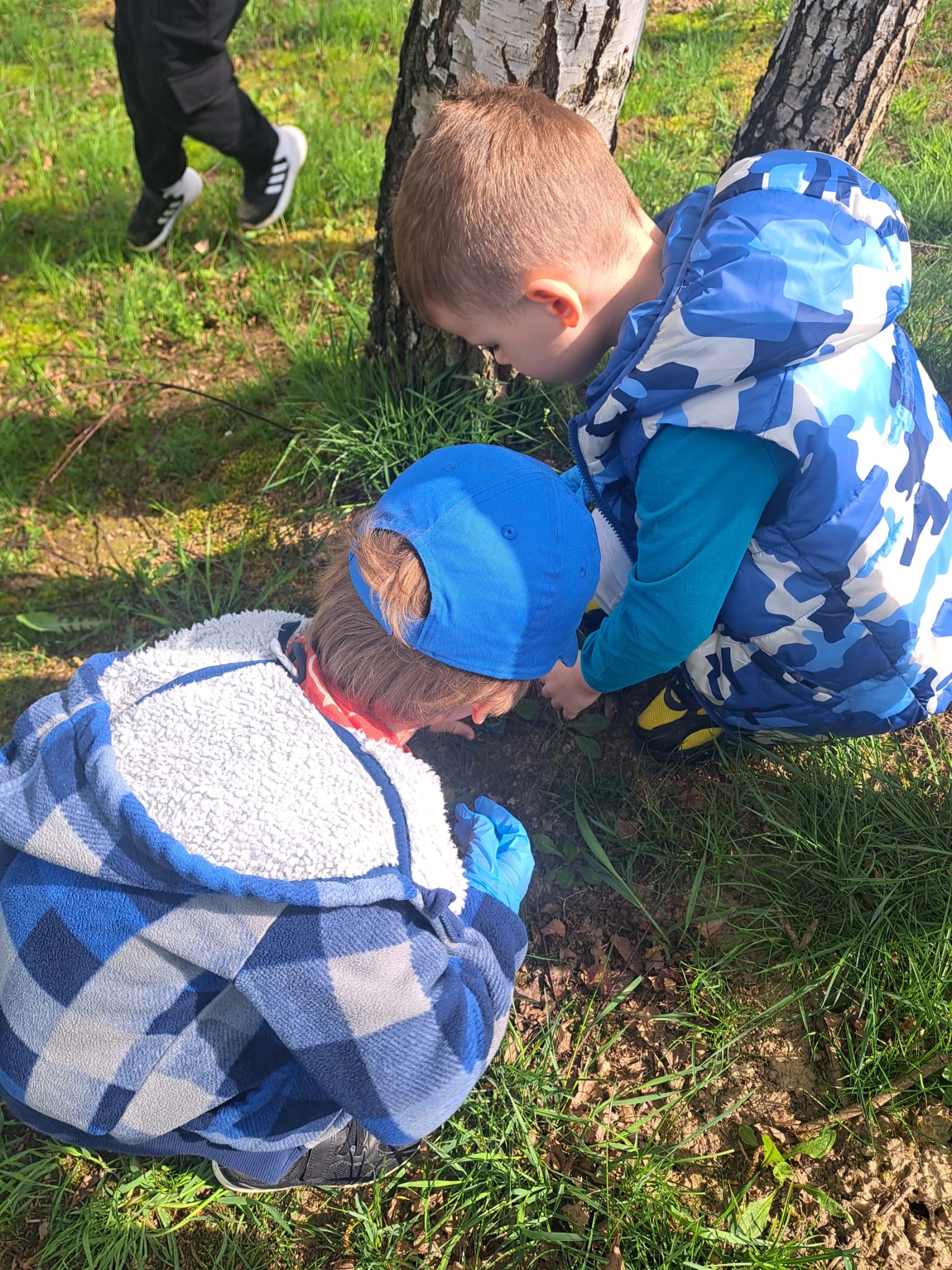 Sprzątanie Świata - Dzieci z przedszkola zbierające śmieci pod drzewem podczas akcji sprzątania.