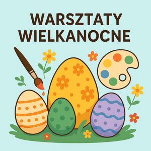 Warsztaty Wielkanocne - kolorowa ilustracja pisanek, pędzla i palety farb.