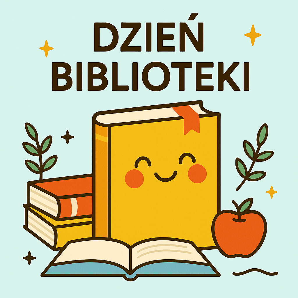 Kolorowa grafika w stylu flat design przedstawiająca uśmiechniętą książkę z zakładką, otwartą książkę, jabłko i liście, symbolizująca Dzień Biblioteki.