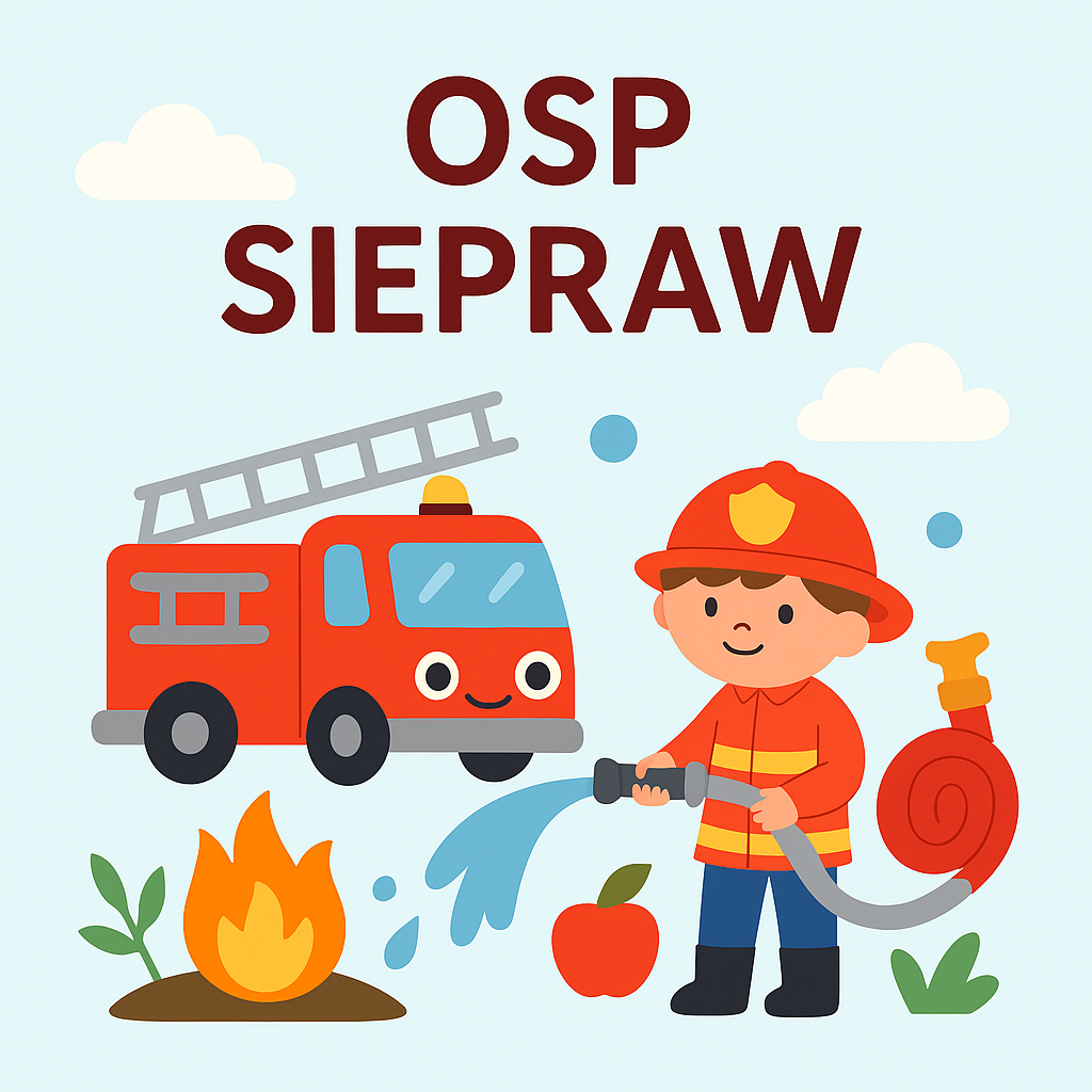Ilustracja przedstawiająca dzieci odwiedzające strażaków z OSP Siepraw podczas wycieczki przedszkolnej.