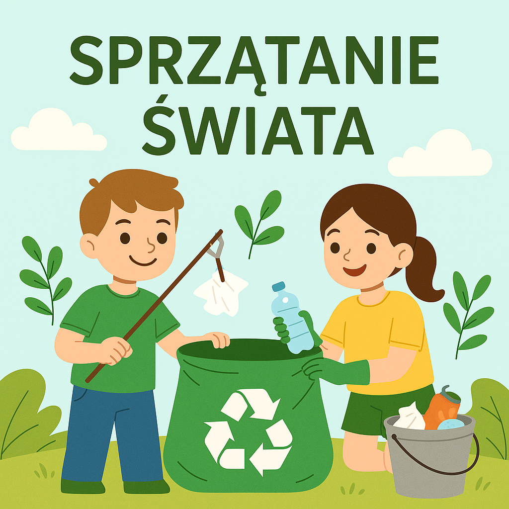 Rysunek dwójki dzieci sprzątających świat – chłopca i dziewczynki zbierających śmieci do zielonego worka z symbolem recyklingu. W tle drzewa, krzewy i niebo z chmurkami. Na worku widoczny znak recyklingu.