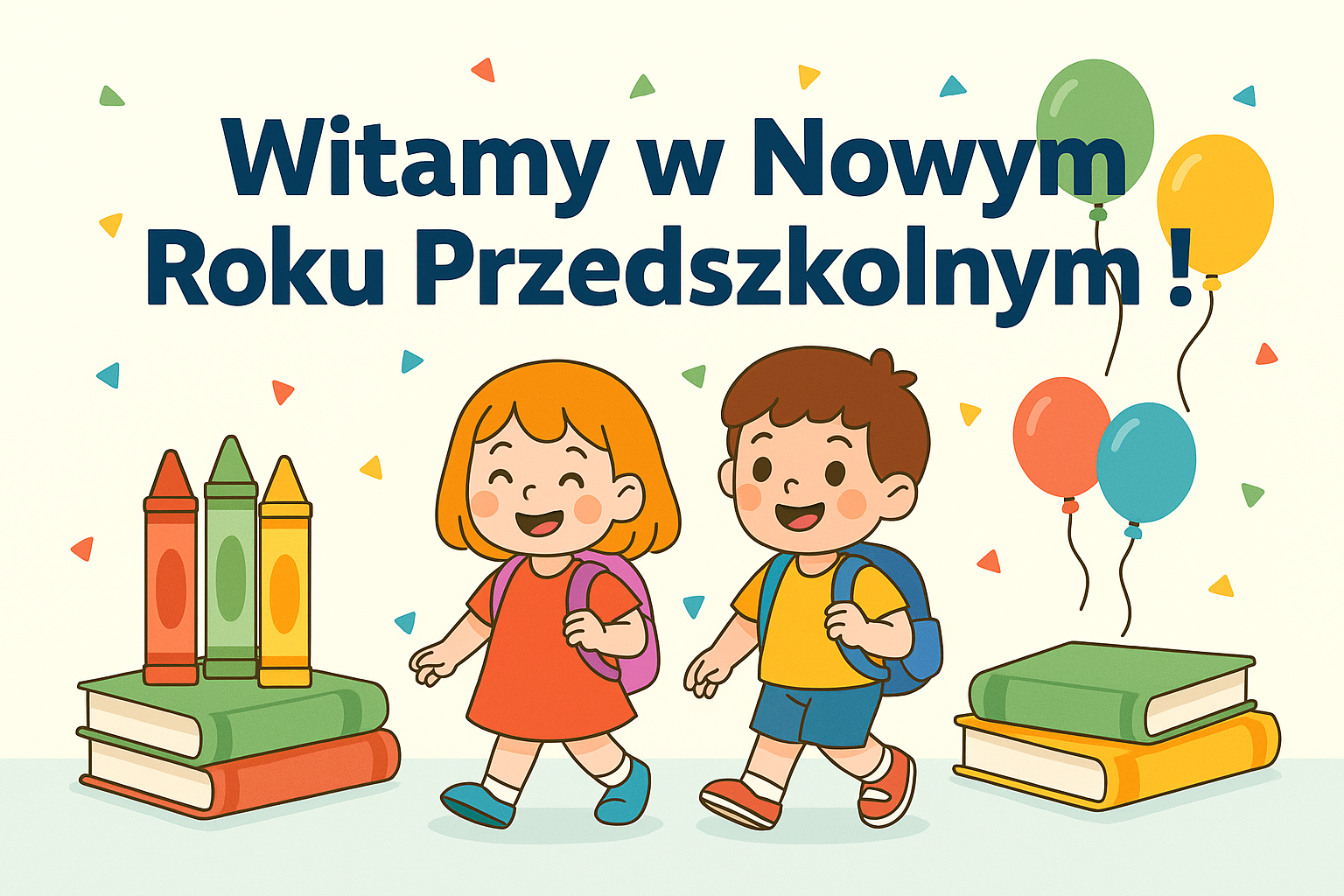 Ilustracja w pastelowych kolorach – dzieci idą z plecakami, baloniki i kredki, napis "Witamy w Nowym Roku Przedszkolnym!"