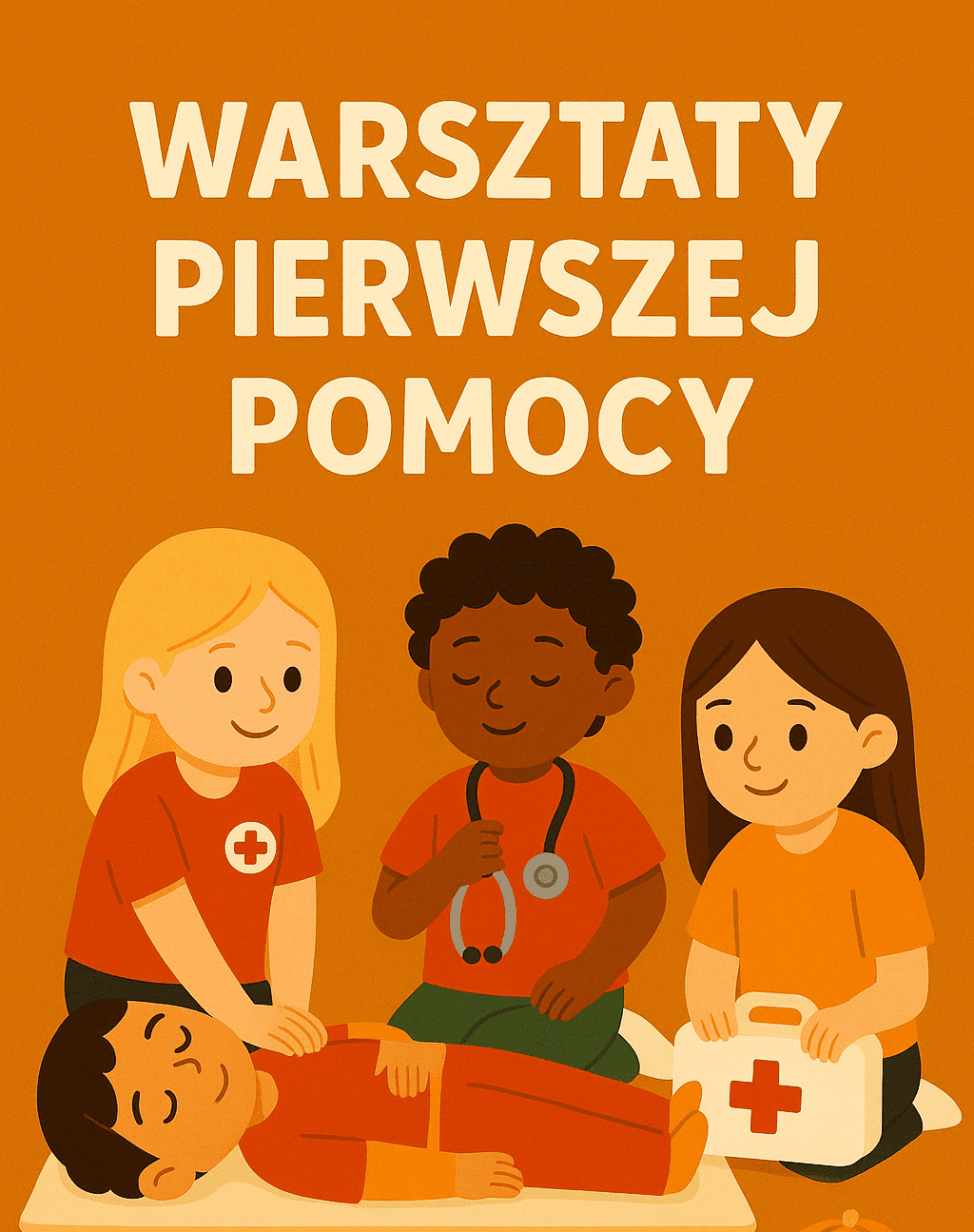 Ilustracja dzieci uczących się pierwszej pomocy z instruktorem medycznym