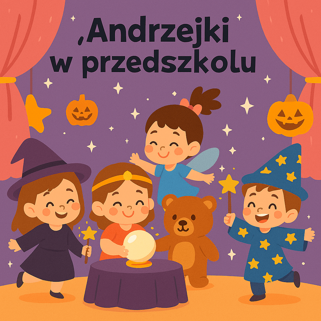 Dzieci przebrane za wróżki i czarodziejów podczas zabawy andrzejkowej w przedszkolu.