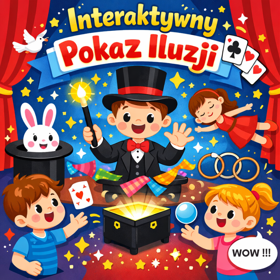 Ilustracja w stylu kreskówkowym przedstawiająca interaktywny pokaz iluzji dla dzieci w przedszkolu – magik, dzieci i magiczne rekwizyty na scenie.