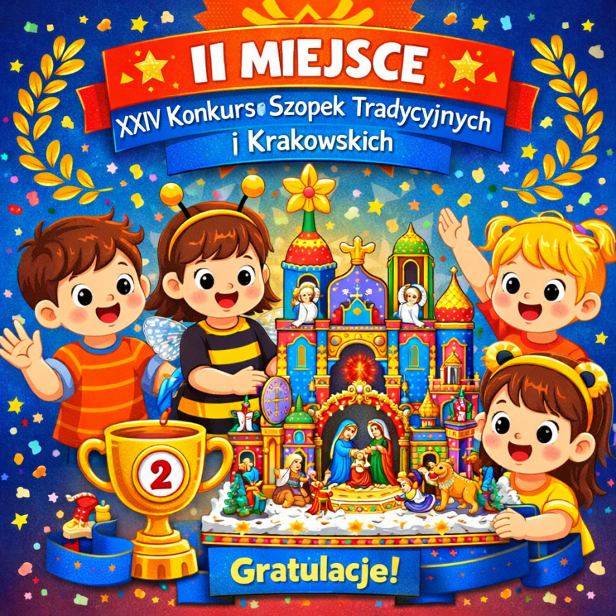 Dzieci z przedszkola prezentujące krakowską szopkę nagrodzoną II miejscem w Konkursie Szopek Tradycyjnych i Krakowskich.