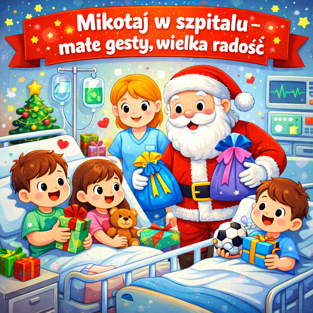 Święty Mikołaj odwiedzający dzieci na oddziale dziecięcym w szpitalu i wręczający prezenty.