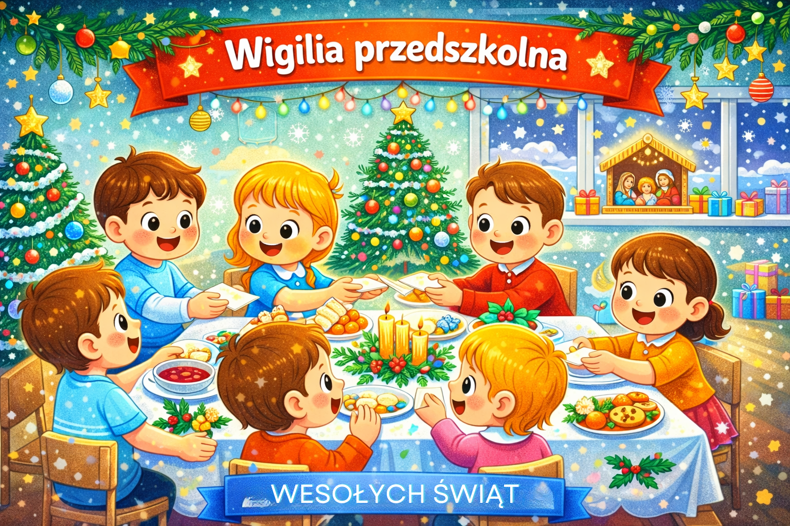 Przedszkolna wigilia – dzieci siedzą przy świątecznie udekorowanym stole, dzielą się opłatkiem i kolędują
