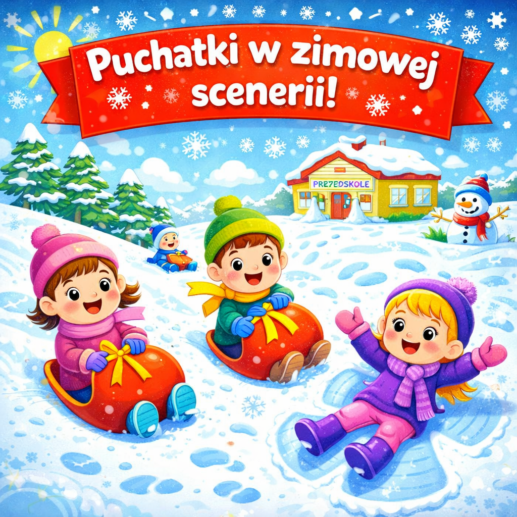 Dzieci z grupy Puchatki bawiące się zimą na śniegu przed przedszkolem, zjeżdżające na jabłuszkach i robiące aniołki.