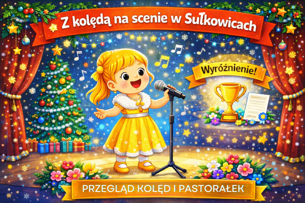 Dziewczynka śpiewająca kolędę na scenie podczas powiatowego przeglądu kolęd i pastorałek, wyróżnienie w konkursie.