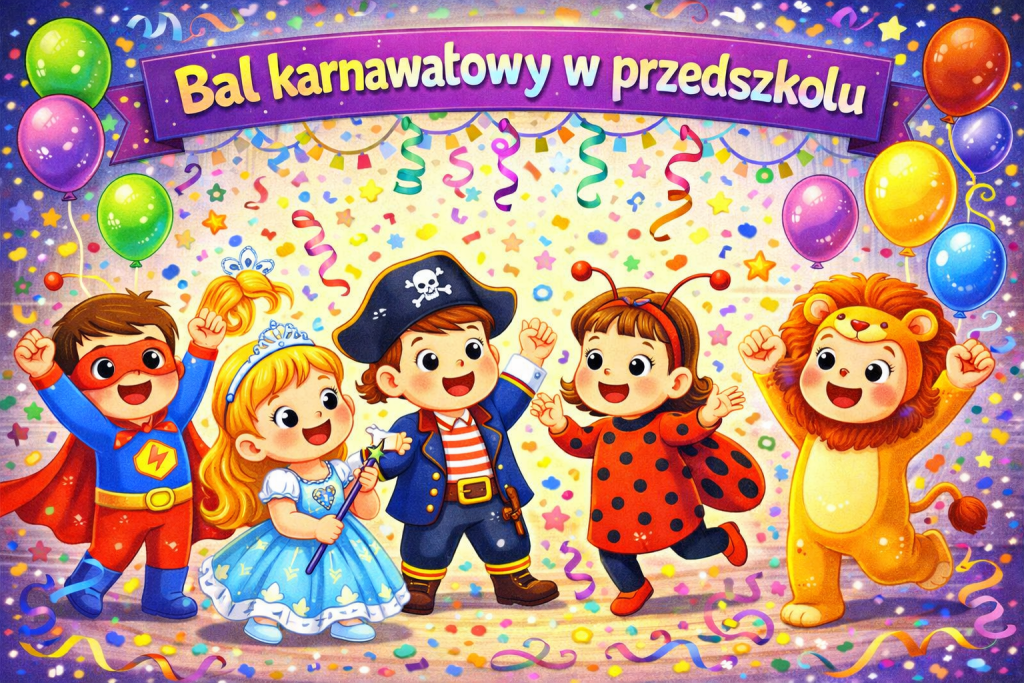 Dzieci w kolorowych przebraniach bawiące się podczas balu karnawałowego w przedszkolu.