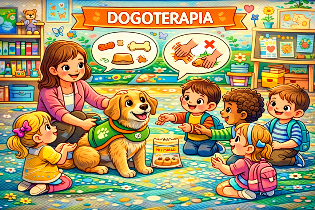 Dzieci uczestniczą w zajęciach z dogoterapii i poznają zasady bezpiecznego kontaktu z psem terapeutycznym.