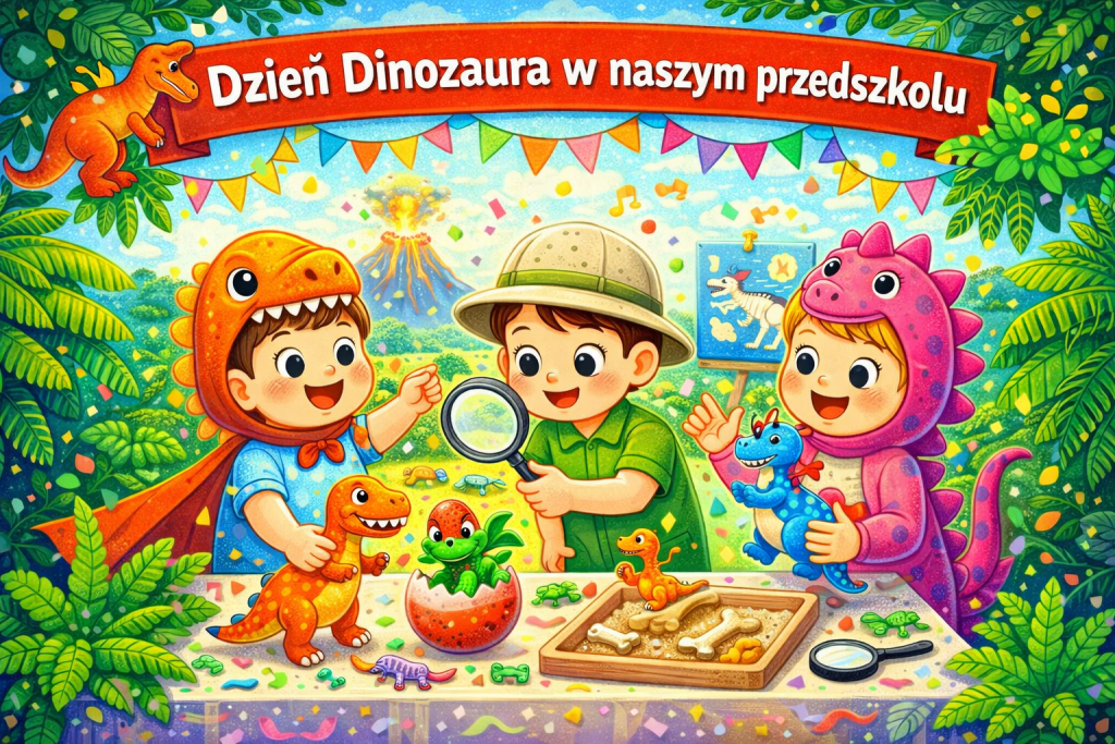 Dzieci w strojach dinozaurów podczas obchodów Dnia Dinozaura w przedszkolu, zabawy i zajęcia tematyczne.
