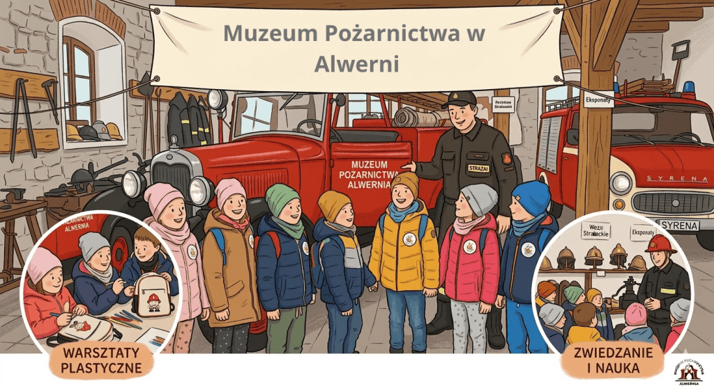 Ilustracja przedstawiająca przedszkolaki zwiedzające Muzeum Pożarnictwa w Alwerni, oglądające wozy strażackie i uczestniczące w warsztatach plastycznych.