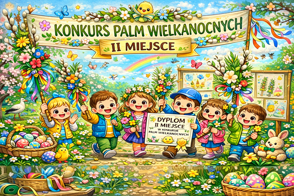 Dzieci prezentują kolorowe palmy wielkanocne podczas konkursu palm wielkanocnych, zdobycie II miejsca.