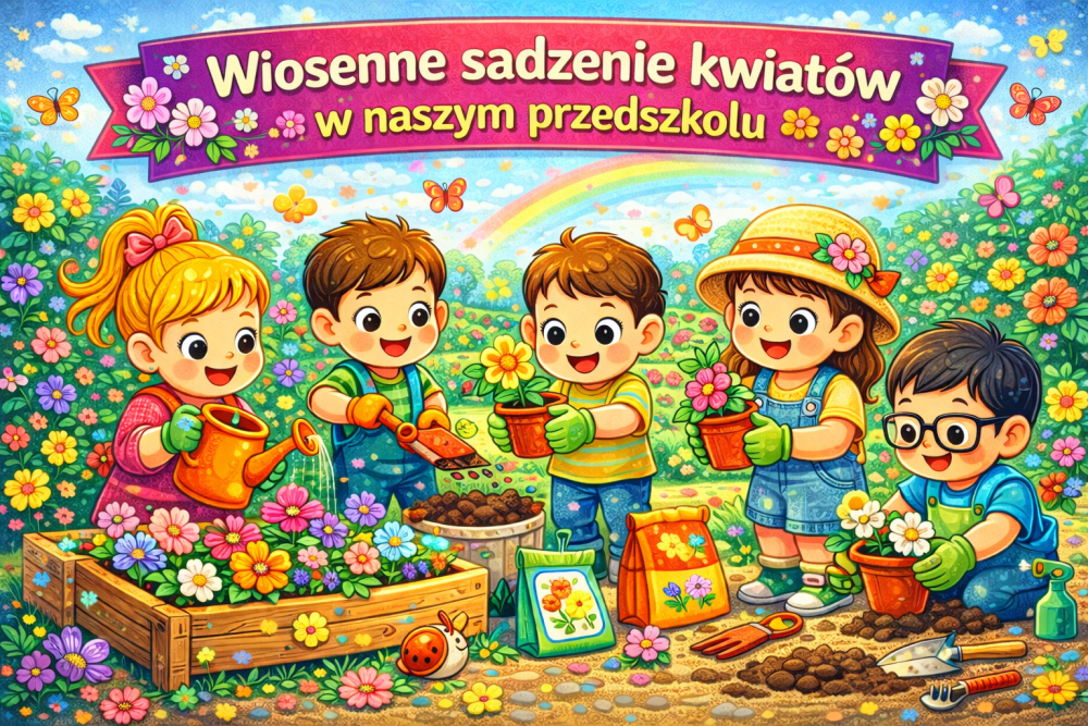Dzieci z przedszkola sadzą kolorowe kwiaty w ogrodzie podczas wiosennych zajęć ogrodniczych.