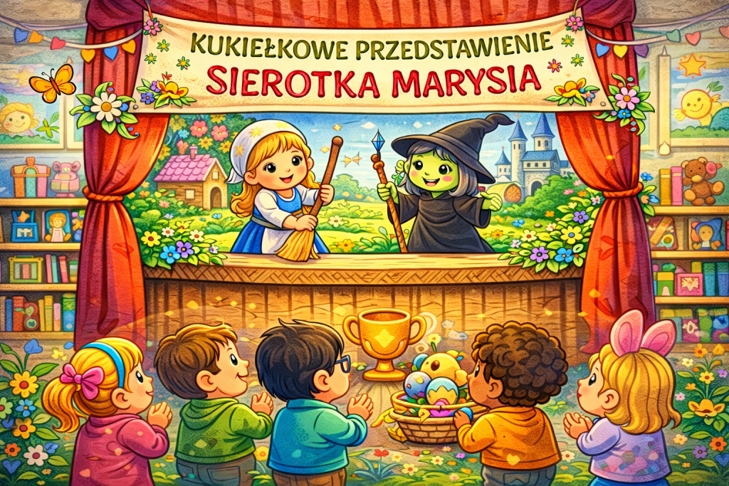 Dzieci oglądają kukiełkowe przedstawienie „Sierotka Marysia” na kolorowej scenie w przedszkolu.