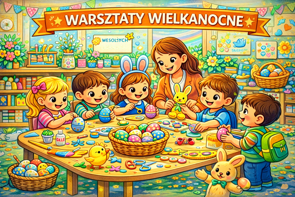 Dzieci przygotowują ozdoby wielkanocne podczas warsztatów plastycznych w przedszkolu.