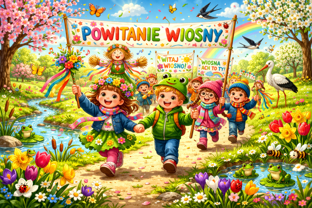 Dzieci witają wiosnę podczas kolorowego pochodu z kwiatami i transparentem w wiosennej scenerii.