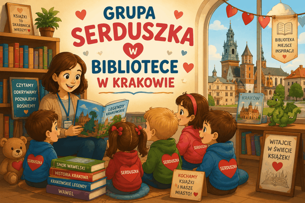 Dzieci z grupy Serduszka podczas wizyty w bibliotece w Krakowie słuchają opowieści i poznają świat książek.