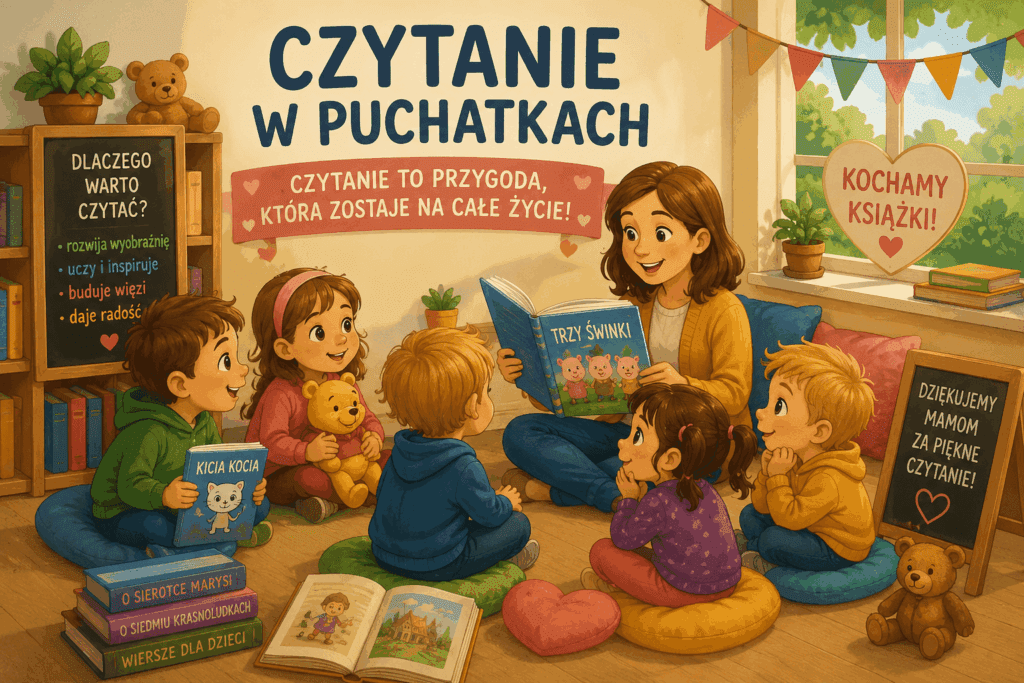 Dzieci z grupy Puchatki słuchają głośnego czytania książki podczas spotkania czytelniczego w przedszkolu.