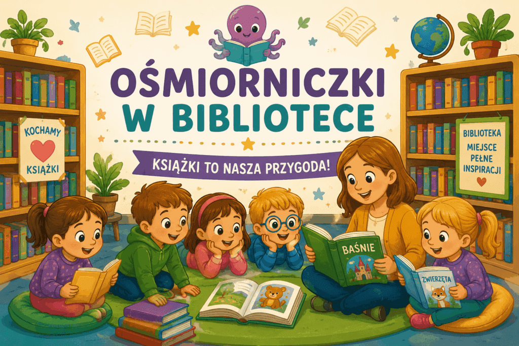 Dzieci z grupy Ośmiorniczki podczas wizyty w bibliotece słuchają czytanych książek i oglądają książeczki.