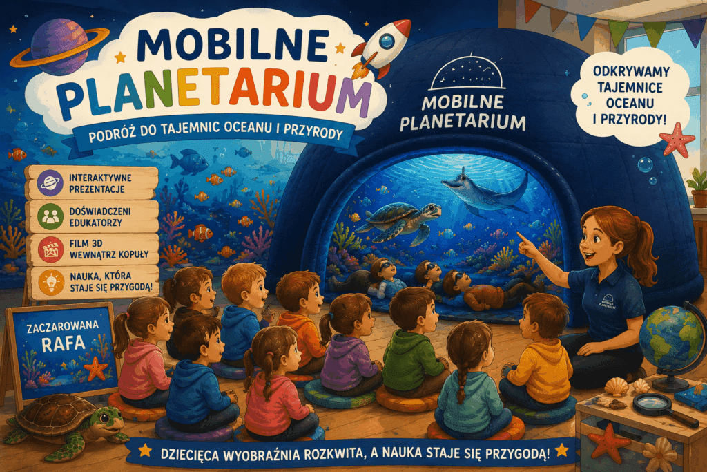 Dzieci uczestniczą w pokazie mobilnego planetarium i poznają tajemnice oceanu oraz przyrody podczas seansu wewnątrz kopuły.