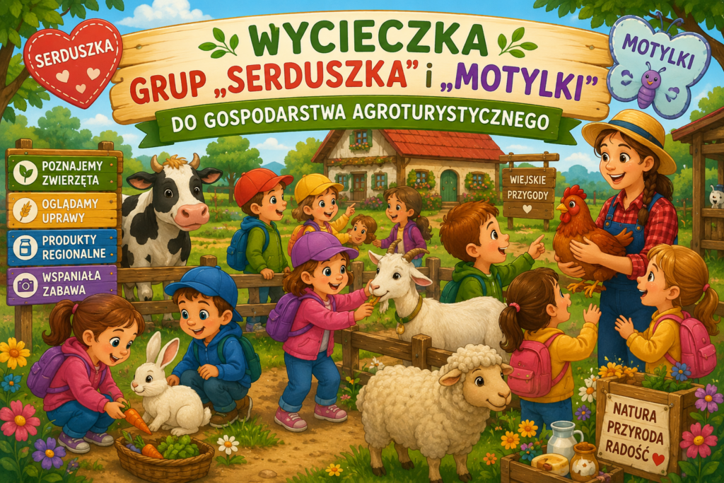Dzieci z grup Serduszka i Motylki podczas wycieczki do gospodarstwa agroturystycznego poznają zwierzęta gospodarskie i życie na wsi.