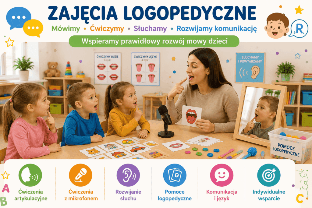 Grafika promująca zajęcia logopedyczne w przedszkolu. Dzieci uczestniczą w ćwiczeniach rozwijających mowę, komunikację, słuch oraz prawidłową artykulację z wykorzystaniem pomocy logopedycznych.