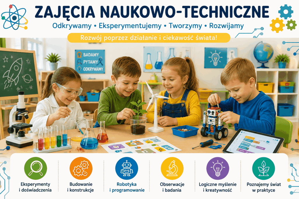 Grafika promująca zajęcia naukowo-techniczne w przedszkolu. Dzieci uczestniczą w eksperymentach, obserwacjach oraz aktywnościach rozwijających logiczne myślenie, kreatywność i zainteresowanie nauką.