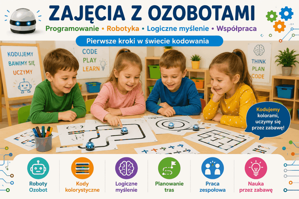 Grafika promująca zajęcia z ozobotami w przedszkolu. Dzieci uczą się podstaw programowania, kodowania kolorystycznego, planowania tras robotów oraz rozwijają logiczne myślenie i umiejętność współpracy.