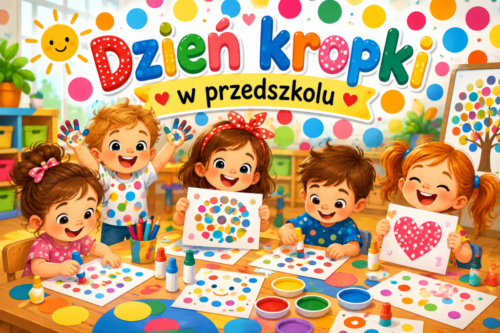 Dzieci uczestniczą w Dniu Kropki, tworząc kolorowe prace plastyczne z kropek podczas zajęć w przedszkolu.