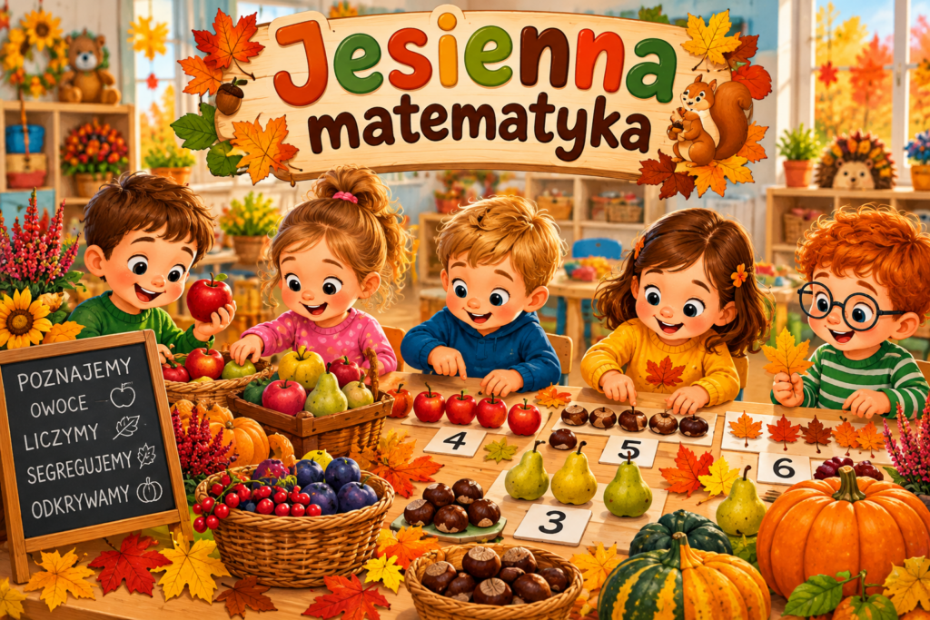 Dzieci podczas jesiennych zajęć matematycznych liczą i segregują owoce, kasztany oraz kolorowe liście.