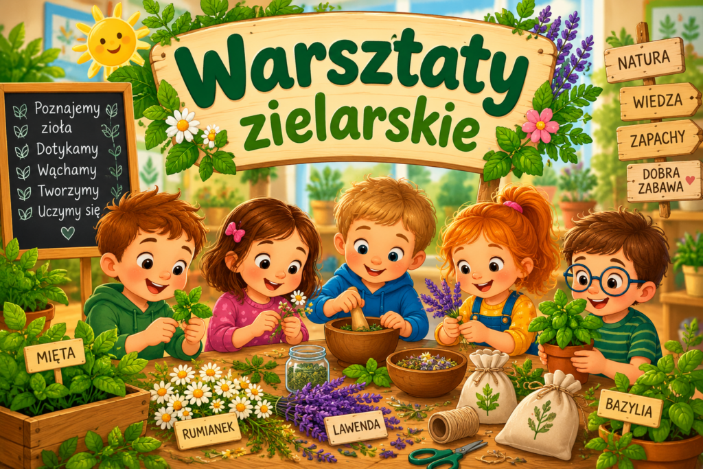Dzieci uczestniczą w warsztatach zielarskich, poznając różne zioła, ich zapachy i właściwości.